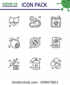 Protección Covid-19 CoronaVirus Pendamic 9 Línea juego de iconos como prohibido; bacterias; virus; virus; ataque al coronavirus viral 2019-nov Enfermedad Vector Elementos de diseño