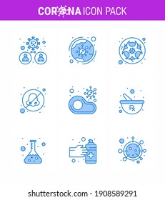 Protección Covid-19 CoronaVirus Pendamic 9 Conjunto de iconos azules como el otolaringólogo; respirar; covid; advertencia; Enfermedad de coronavirus viral de laboratorio 2019-nov Elementos de diseño de vectores