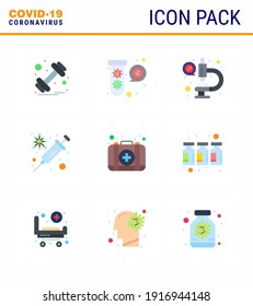 Protección Covid-19 CoronaVirus Pendamic 9 Color plano conjunto de iconos como emergencia; vacuna; virus; protección; virus de la coronavirus viral 2019-nov Enfermedad Vector Elementos de diseño