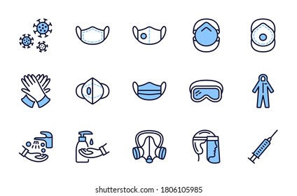Covid-19 protection equipment and clothing line icon. Various types of protective masks and respirators and gloves,goggles, medical suit, face shield. Editable strokes