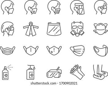 Covid-19 protection equipments line icon set. Included icons as face mask, 3d mask, face shield, goggles, alcohol gel, PPE suite and more. - Shutterstock ID 1700902021