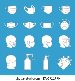 Covid-19 protection equipments line icon set. Included icons as face mask, 3d mask, face shield,  alcohol gel,washing hands.