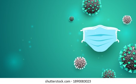Covid19 protection face mask background. Infection spreading pandemic background. Coronavirus outbreak design with virus cell