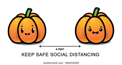COVID-19 protection. Halloween cute cartoon pumpkin character. Social distancing infographic isolated in white background.