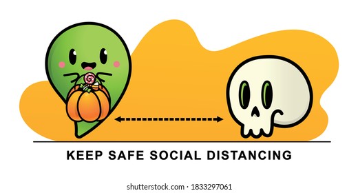 COVID-19 protection. Halloween ghost, skull icon. Social distancing infographic vector illustration.