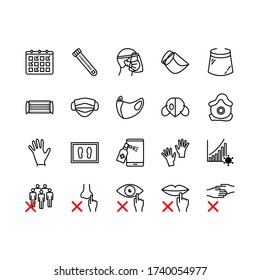  Covid-19 Protection Icon set. Vector illustration include icon - wash hands disinfection, face mask, sanitizer gloves, protective measures, Coronavirus Prevention.  Editable Stroke.
