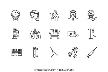 Covid-19 protection and medical test to detect it. Flat line icons set. Vector illustration included artificial lung ventilation, on faces in ppe. Editable strokes.