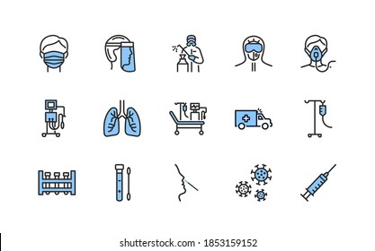 Covid-19 protection and medical test to detect it flat line icons set blue color. Vector illustration included artificial lung ventilation, on faces in ppe. Editable strokes.