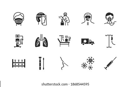 Covid-19 protection and medical test to detect it. flat glyph icons set. Vector illustration included artificial lung ventilation, on faces in ppe. Protective clothing