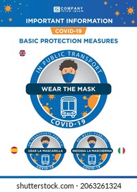 COVID-19 protection. Poster or stamp to use a mask in public transport. Covid-19 protocols and regulations. Basic covid protection measures. Use in trains, metro, trams and buses.