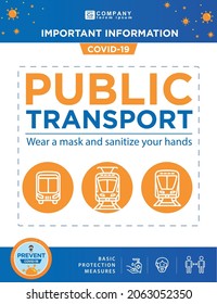 COVID-19 Protection in Transportation. Measures to protect yourself from covid. Icons and Pictograms of public transport and basic care to protect against coronavirus. Tram, metro, bus and train icons