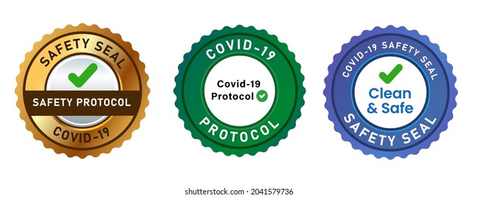 covid-19 protocol safety check emblem seal sticker badge certificate in gold blue and green