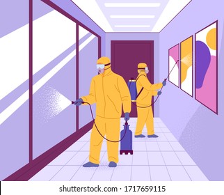 Covid-19 public space disinfection. Vector illustration of two men in hazmat suits cleaning and disinfecting coronavirus indoor. Isolated on background