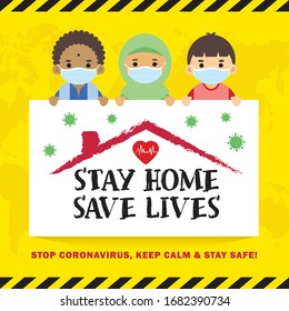 Covid-19 quarantine campaign of stay at home flat design. Cartoon malaysian in face mask holding sign "stay home, save lives" vector illustration. Stop coronavirus, movement control in Malaysia.