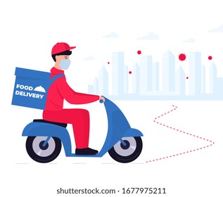 COVID-19. Quarantine in the city. Coronavirus epidemic. Delivery man in a protective mask carries food on a bike