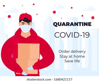 COVID-19. Quarantine in the city. Coronavirus epidemic. A courier in a protective medical mask holds parcels in his hands. Free food delivery. Stay home