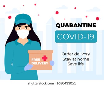 COVID-19. Quarantine In The City. Coronavirus Epidemic. Courier Girl In A Protective Medical Mask Holds A Parcel In Her Hands. Free Drug Delivery. Stay Home