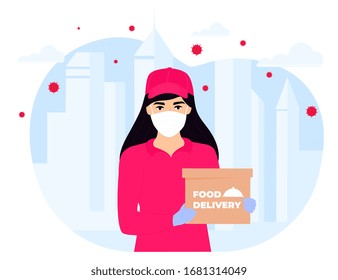 COVID-19. Quarantine In The City. Coronavirus Epidemic. Courier Girl In A Protective Medical Mask Holds A Parcel In Her Hands. Free Food Delivery. Stay Home