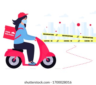 COVID-19. Quarantine in the city. Coronavirus epidemic. Delivery girl in a protective mask carries food on a bike