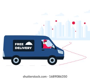 COVID-19. Quarantine in the city. Virus epidemic.Delivery man delivers food to the city infected with coronavirus for quarantined people
