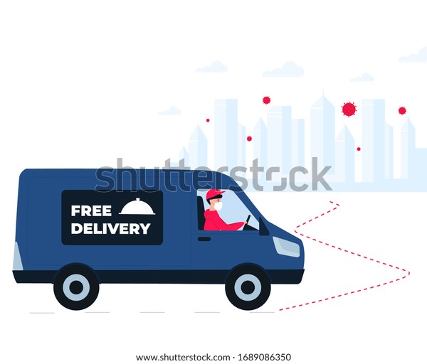 COVID-19. Quarantine in the city. Virus\
epidemic.Delivery man delivers food to the city infected with\
coronavirus for quarantined\
people