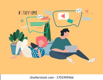 Covid-19 quarantine concept. Remote work and social networking concept. Stay Home motivational. People working from home and maintaining romantic relationships. Vector illustration, flat style