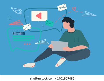 Covid-19 quarantine concept. Remote work, social networking concepts. StayHome motivational. Man with laptop, working from home and maintaining romantic relationships. Vector illustration, flat style