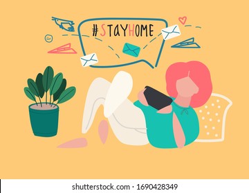 Covid-19 quarantine concept. Social networking concept. Stay Home motivational. Woman resting with her phone, chatting, maintaining business and romantic relationships. Vector illustration, flat style