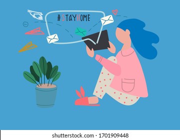 Covid-19 quarantine concept. Social networking concept. Stay Home motivational. Woman with her tablet, chatting, maintaining business and romantic relationships. Vector illustration, flat style