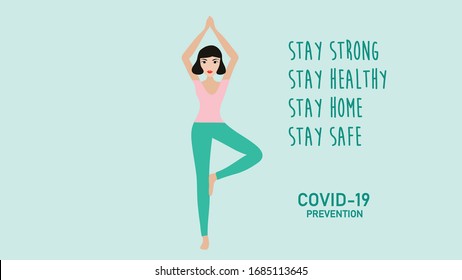 COVID-19 Quarantine Concept Stay Strong Stay Healthy Stay Home Stay Safe Yoga Girl At Home Vector Illustration