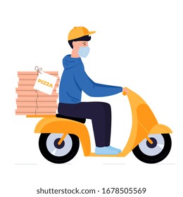 COVID-19. Quarantine. Coronavirus epidemic. Delivery man in a protective mask carries pizza on a motorbike