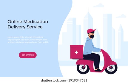 COVID-19. Quarantine. Coronavirus epidemic. Delivery man in a protective mask delivers medicine by motorbike. Free medicament shipping. Web page template