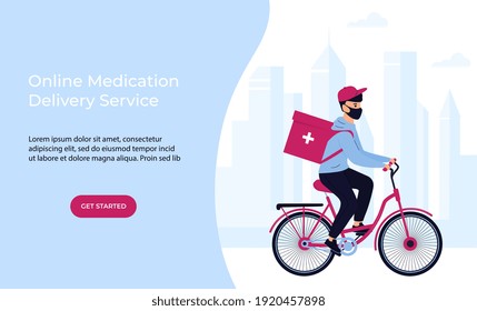 COVID-19. Quarantine. Coronavirus epidemic. Delivery man in a protective mask delivers medicine by bicycle. Free medicament shipping. Web page template