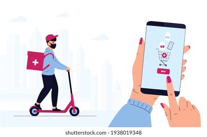 COVID-19. Quarantine. Coronavirus epidemic. Delivery man in a protective mask delivers parcel by scooter. Hand is holding smartphone to buy pills. Order Medicines Online. Medicament shipping.
