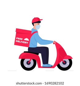 COVID-19. Quarantine. Coronavirus epidemic. Free Delivery. Man in a protective mask carries food on a motorbike