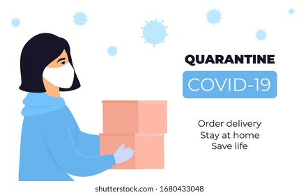 COVID-19. Quarantine. Coronavirus epidemic. A girl courier in a protective medical mask holds parcels in her hands. Free shipping. Stay home