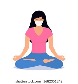 COVID-19. Quarantine. Coronavirus epidemic. Girl in protective medical mask do yoga.