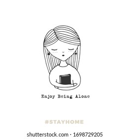 Covid-19 quarantine. A girl with a book at home. Vector illustration. Stay home during the coronavirus pandemic. Be positive and safe. Self-isolate to protect the family and society.