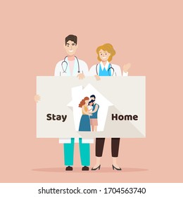 COVID-19 Quarantine lockdown country. Doctor wearing face mask hold board "stay home ". Coronavirus Disease awareness. Quarantine