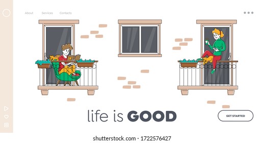 Covid19 Quarantine Lockdown Landing Page Template. Female Characters Sitting on House Balcony Reading Book and Drinking Coffee during Isolation. Virus Spreading Prevention. Linear Vector Illustration