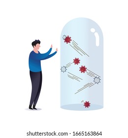 COVID-19 quarantine, restriction, keep out or protection concept, COVID-19 novel Coronavirus pathogens moving inside restricted quarantined tube and cannot get out with young man looking from outside.