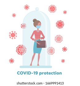 COVID-19 quarantine, restriction, keep out or protection concept, 2019-nCoV Coronavirus pathogens moving and cannot get into restricted quarantined area with woman in protective tube. Flat vector.