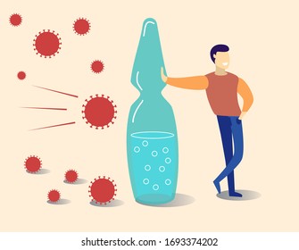 COVID-19 quarantine, restriction, keep out or protection concept, COVID-19 novel Coronavirus pathogens moving and cannot get into restricted quarantined area with young man which relies on a vaccine