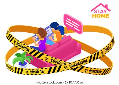 covid-19 quarantine stay home online education or distance exam with isometric character internet course e-learning from home girl and boy studying on tablet laptop isometric education isolated vector