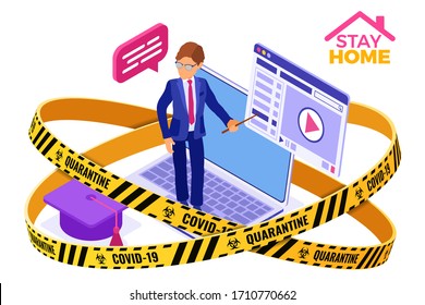 covid-19 quarantine stay home Online education or distance exam with isometric character internet course e-learning from home laptop with teacher isometric education isolated vector illustration