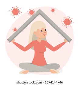 COVID-19 quarantine vector web banner. Woman sitting in lotus pose under the house roof. Protect yourself from virus and stay home. Pandemic disease outbreak in 2020.