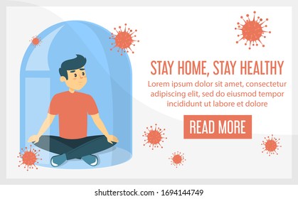 COVID-19 quarantine vector web banner. Man sitting in lotus pose under the glass cap. Protect yourself and stay home. Pandemic disease outbreak in 2020.