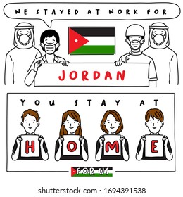 Covid-19 quotes from hospital workers with national flag : Jordan : I stayed at work for you, You stay at home for us. : Vector Illustration