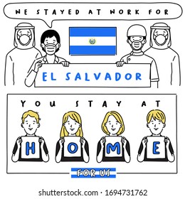 Covid-19 quotes from hospital workers with national flag : El Salvador : I stayed at work for you, You stay at home for us. : Vector Illustration