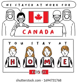 Covid-19 quotes from hospital workers with national flag : Canada : I stayed at work for you, You stay at home for us. : Vector Illustration